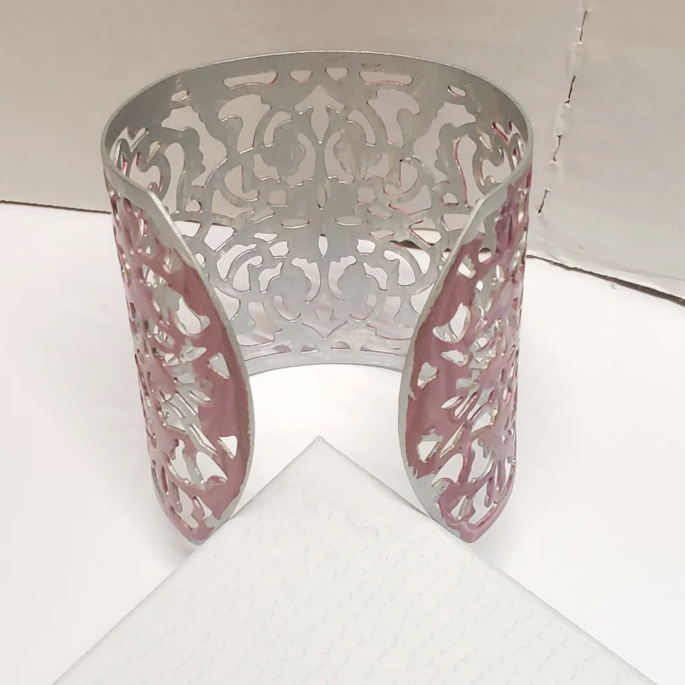 Hand Painted Abstract Pink & Silver Cuff Bracelet Filigree Statement Bracelet